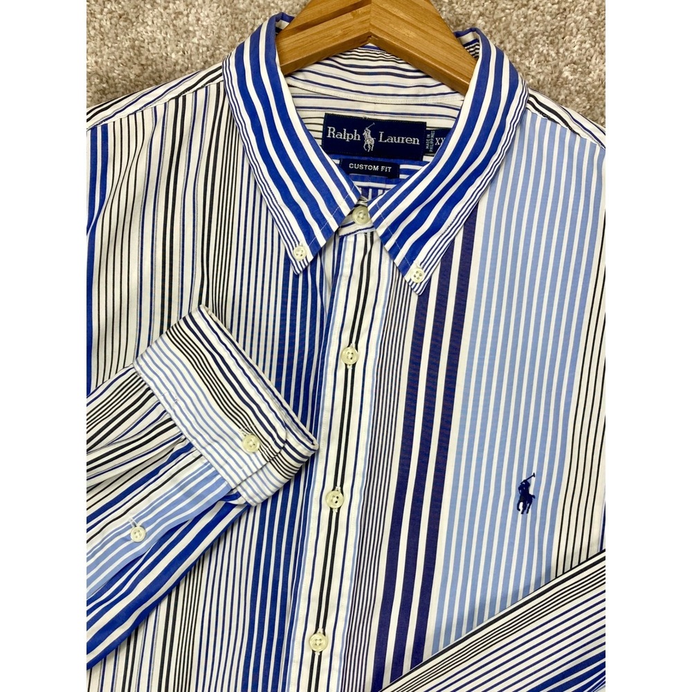 Ralph Lauren Custom Fit Striped Button Down Shirt Men XXL Blue White Long Sleeve